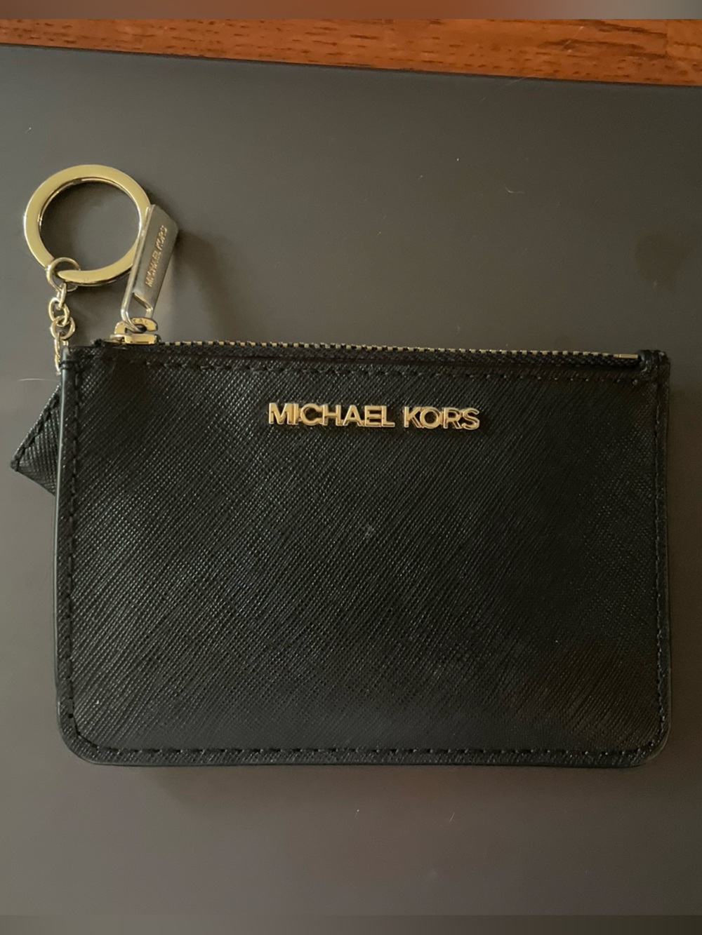 Michael Kors Black Leather Zip Card Holder with Gold Keyring
